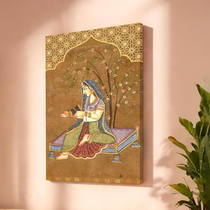 Madhubani Rajput Stretched Canvas Painting For Living Room | Floral Jharokha Stretched Canvas Wall Art For Livingroom Home Decor, Bedroom, Hallway's, Office, Hotel - 56x86 cm