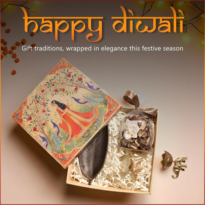 Diwali Gift Hamper Box with Mogra Scent Potpourri, Elephant Shape Candle and Tray, Friends and Relatives (Pack of 4)