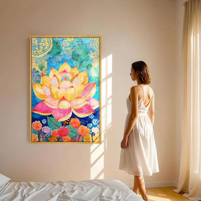Modern Abstract Multicolor Lotus Flower Art Stretched Canvas Painting with Frame – Canvas Wall Art – 23x35 Inch Framed Canvas