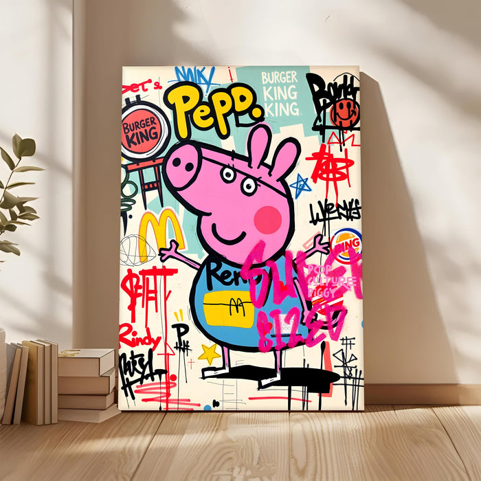 PAINTINGMANTRA Cartoon Pig Graffiti Stretched Canvas Painting Print | Pop Art Street Style Wall Décor | Modern Abstract Canvas Art for Home & Office, 56x86 cm
