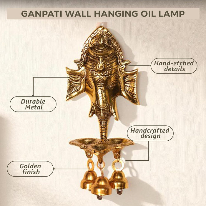Metal Wall Hanging Ganesha Brass Finished Idol with 3 Diya Oil Lamp and 3 Bells Traditional Diwali Decoration, Brass Finished, Handcrafted Ganesha, 9.7x19 cm