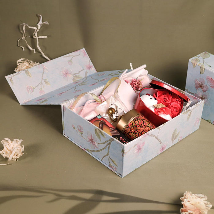 Foldable Cardboard Flowers Printed Hamper Gift Box Set of 2, Multipurpose Gift Hamper Box For Special Occasions, Wedding Gift Packaging (Blue)