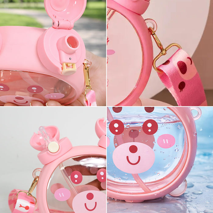 Cute Bear Water Bottle with Straw & Adjustable Shoulder Strap, 700ml Large Capacity Portable Sipper Cup for Kids & Girls, Leakproof BPA-Free Plastic Drinkware for School & Travel (Pink, 6x5.3 Inch)