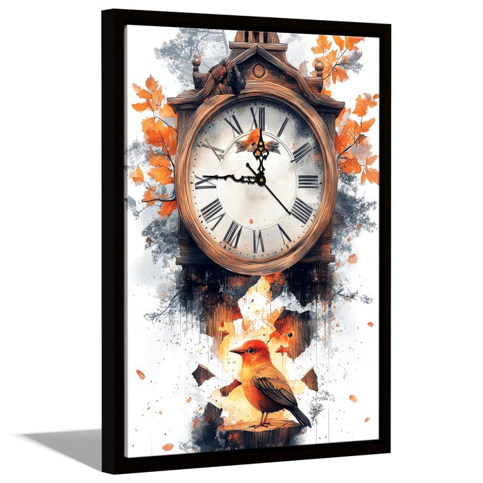 Portrait Abstract Cuckoo clock with bird Multicolor Framed Canvas wall art With Clock | Painting with clock, 43x58 cm