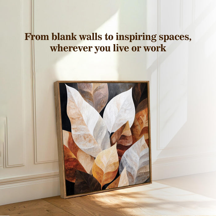 Abstract Autumn Leaf Framed Painting For Living Room | Rustic Botanical Leaf Large Canvas Painting With Frame Wall Art For Bedroom, Hallway's, Office, Hotel, Size 58x58 cm
