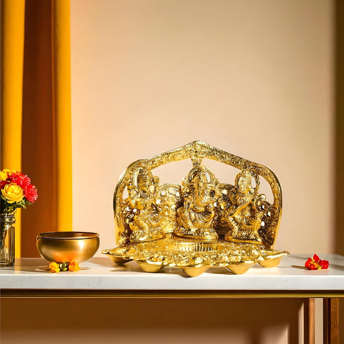Lakshmi Ganesh Saraswati Metal Idols with 5 Diya Oil Lamp Base Traditional Brass Finished Metal Idol Set, Diwali Decoration, Temple, Brass Finished 24x14 cm