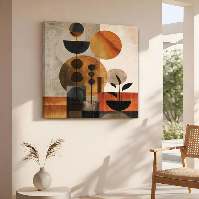 Abstract Sphered Leaf Stretched Canvas Wall Art Painting For Living Room, Modern Minimalist Geometric Painting, Earthy Orange & Brown Botanical Home Decor for Living Room & Office (56xx56 cm)