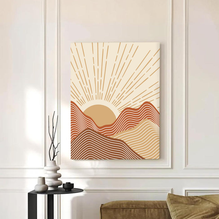 Abstract Sun Rise Mountains Stretched Canvas Wall Art Modern Boho Illustration Painting for Home & Office Wall Decor, (16x22 Inch)