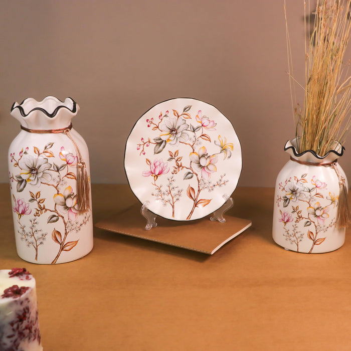 Flower Pinted Ceramic Vases and Decorative Plate Combo for Décor (White, 4.5x9 Inch and 8x8 Inch)