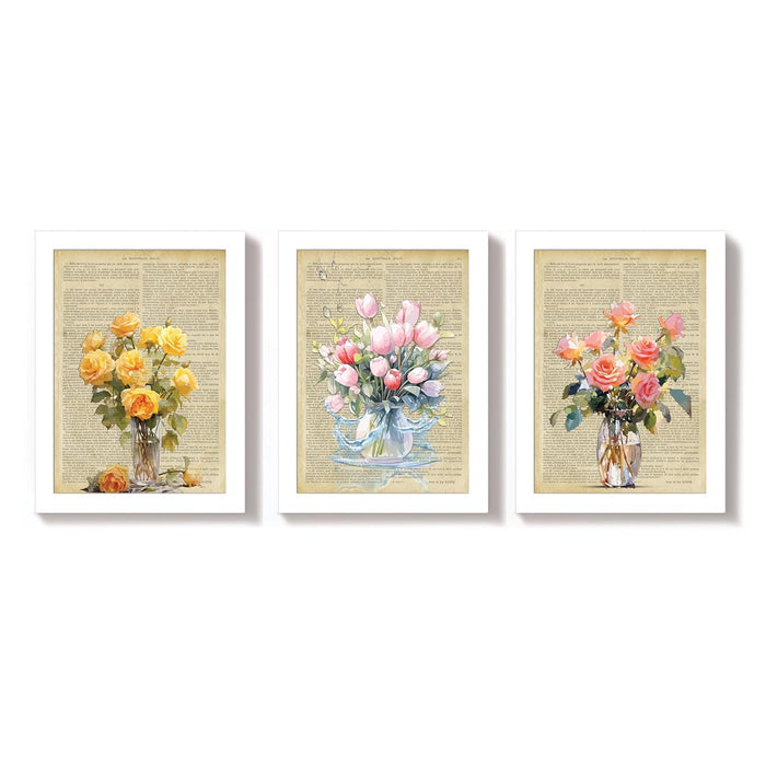 Art Street Dictionary Art Prints Textured Tulip Flower Print Theme, Framed Posters for Home Décor & Wall Decoration for Living Room (Set of 3,12.6 X 9.2 Inch)