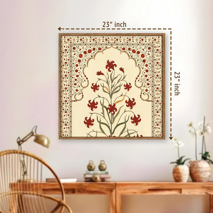 Madhubani Floral Framed Painting For Living Room | Traditional Indian Flower Large Canvas Painting With Frame Wall Art For Bedroom, Hallway's, Office, Hotel, Size 58x58 cm