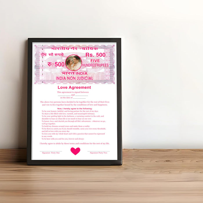 Customized Love Contract Photo Frame Non-Judicial Stamp Paper Love Agreement Certificate Romantic Couple Gift Valentine’s Day Anniversary Gift for Husband Girlfriend Boyfriend 22x32 cm