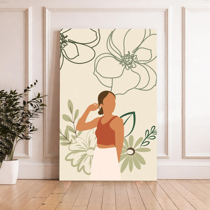 Boho Woman Floral Stretched Canvas Painting For Living Room | Feminine Figurative Stretched Canvas Wall Art For Livingroom Home Decor, Bedroom, Hallway's, Office, Hotel - 56x86 cm