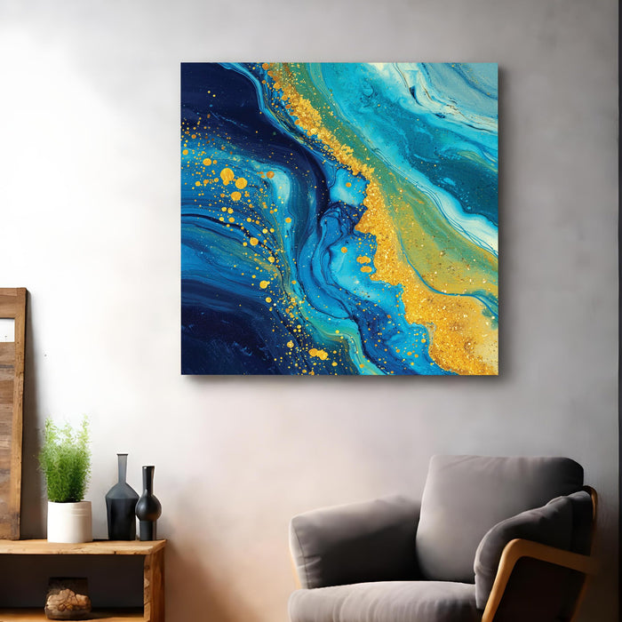 Abstract Blue & Gold Marble Wall Art Painting For Living Room, Modern Fluid Ink Stretched Canvas Painting with Gold Foil Splatter, Contemporary Decor for Living Room, Home & Office (56xx56 cm)