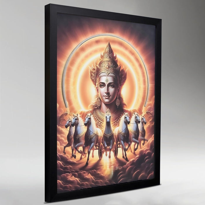 Surya Dev LED Wall Art, Vastu & Feng Shui Painting with LED Light, Spiritual Artwork of Surya Dev Riding Seven White Horses, Wall Decor 43x58 cm