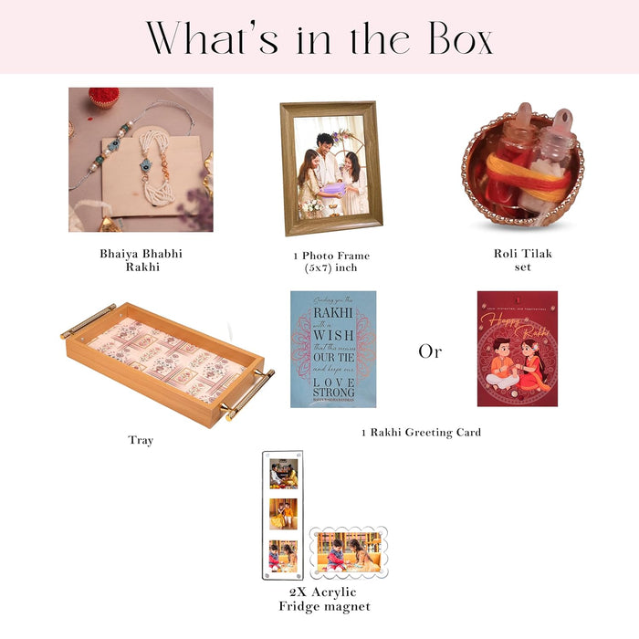 Rakshabandhan Gift Hamper for Brother and Bhabhi, Photo Frame and Serving Tray 2 Rakhi with Chawal and Roli Gift Set for Celebrate Raksha Bandhan