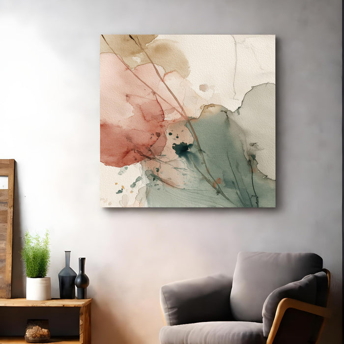 Modern Abstract Stretched Canvas Wall Art Painting For Living Room, Minimalist Sage Green & Terracotta Botanical Nature Painting, Wall Decor for Living Room, Bedroom & Office (56xx56 cm)