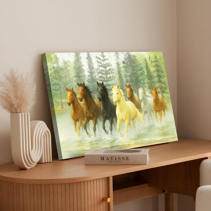 Seven Running Horses Wall Art Vastu Feng Shui Multicolor | Canvas Painting Stretched on Wood | Suits For Vastu-Friendly Place (16x22 Inch)