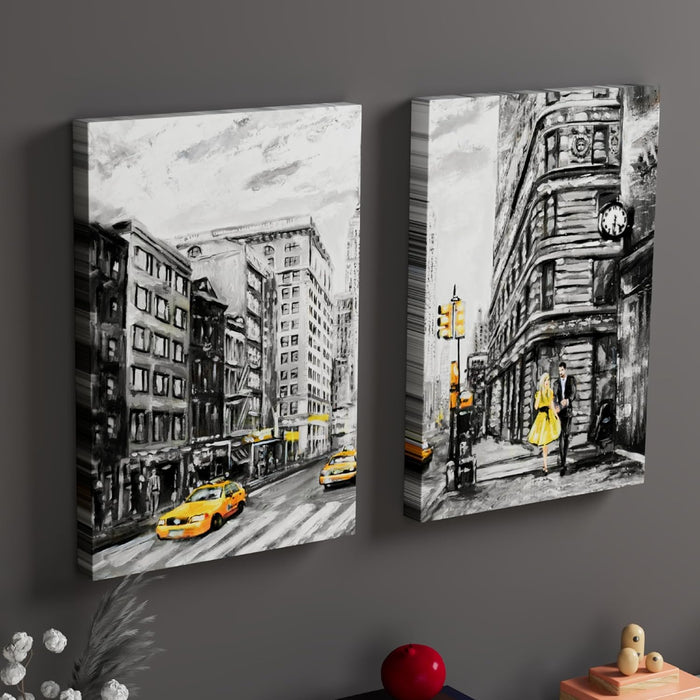 Art Street Canvas Painting Black Paris City Street Printed Vintage Poster Stretched For Wall Decor Abstract Art (Set of 2, Size: 16x22 Inch)
