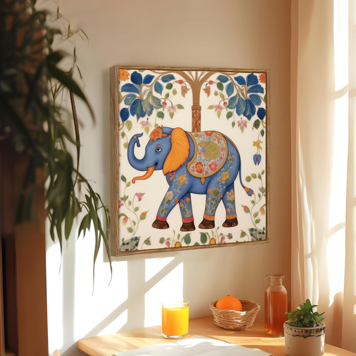 Traditional Madhubani Elephant Framed Painting For Living Room | Indian Folk Elephant Tree Large Canvas Painting With Frame Wall Art For Bedroom, Hallway's, Office, Hotel, Size 58x58 cm