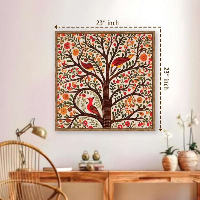 Madhubani Tree of Life Framed Painting For Living Room | Indian Folk Tree and Birds Large Canvas Painting With Frame Wall Art For Bedroom, Hallway's, Office, Hotel, Size 58x58 cm