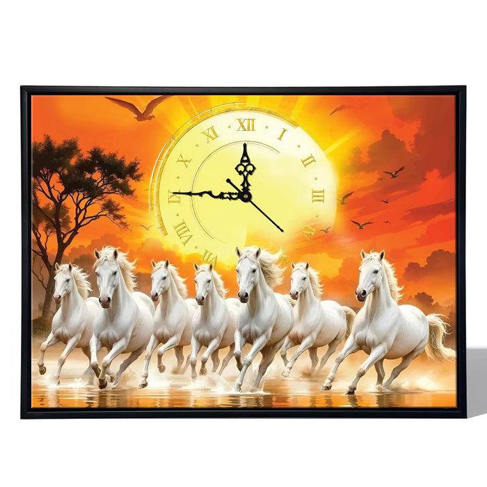 Landscape Abstract Vastu 7 White Running Horses Feng Shui Multicolor Framed Canvas wall art With Clock | Painting with clock | For Vastu Friendly Place, Living room, Bedroom 43x58 cm