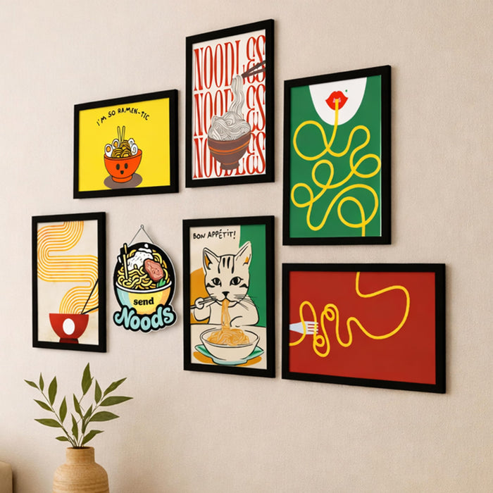Ramen & Noodle Wall Art Framed Painting Kitchen Food Illustration & Typography Painting with Frame Dining & Café Wall Décor for Restaurant, Home & Bar Set of 7 (1 MDF wall Hanging), 9x13 Inch