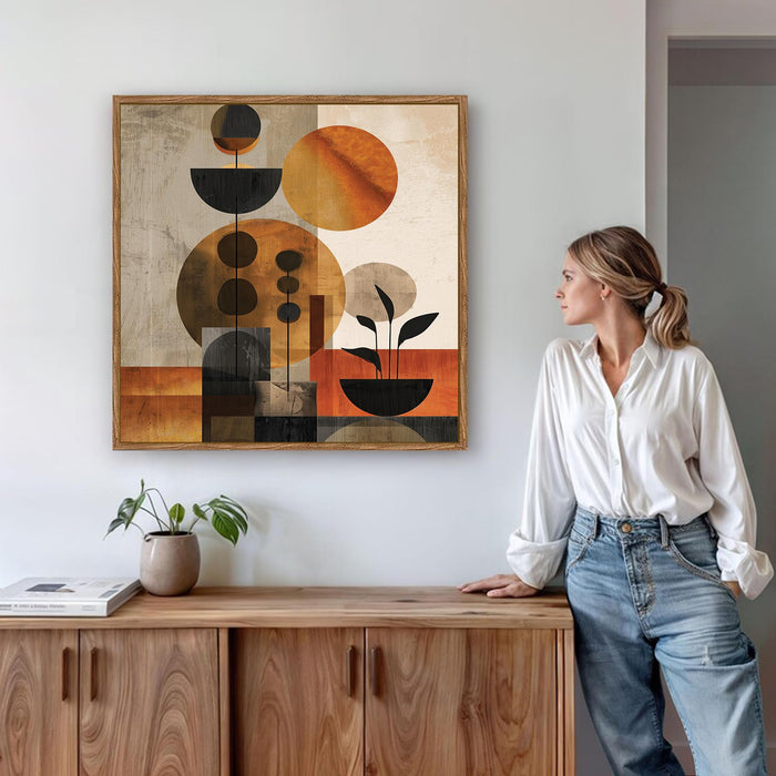 Boho Botanical Framed Painting For Living Room | Geometric Abstract Large Canvas Painting With Frame Wall Art For Bedroom, Hallway's, Office, Hotel, Size 58x58 cm