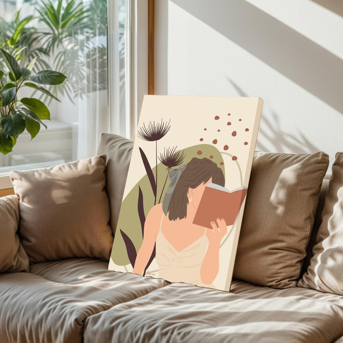 PAINTINGMANTRA Abstract Women Studying floral Stretched Canvas Wall Art Modern Boho Illustration Painting for Home & Office Wall Decor, (16x22 Inch)