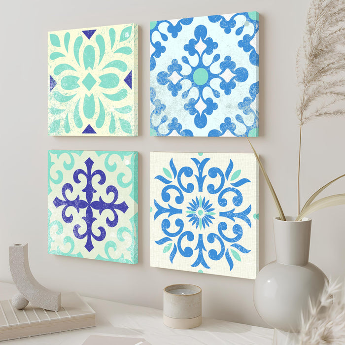 Set of 4 Stretched Canvas Bright Fractal Floral Moroccan Pattern Art Painting.