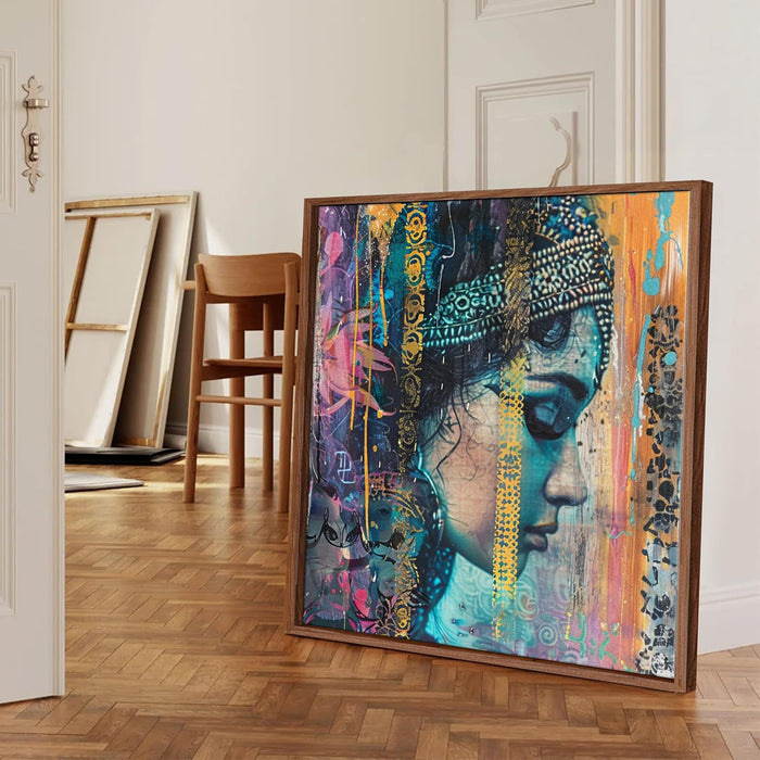 Large Framed Canvas Painting Colorful Woman Side View Wall Art Print, Decorative Modern Paintings For Home (Blue, Size 23x23 Inch)