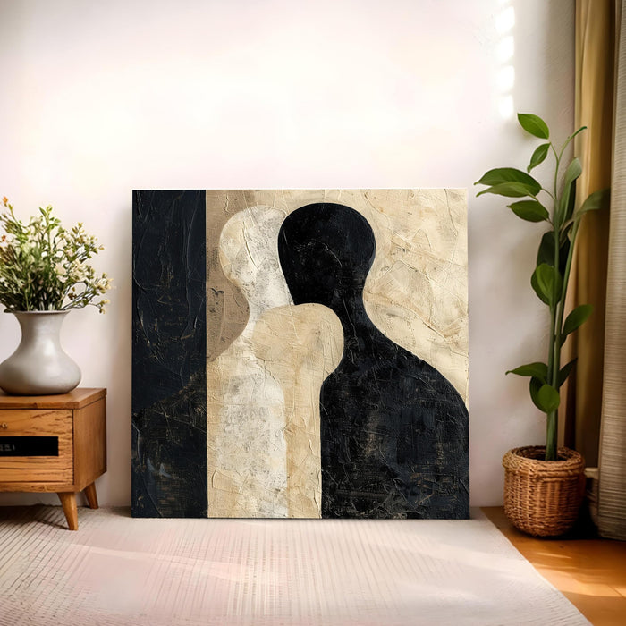 Modern Abstract Figurative Stretched Canvas Wall Art Painting For Living Room, Minimalist Silhouette Painting, Large Textured Neutral Earth-Tone for Living Room & Office (56xx56 cm)