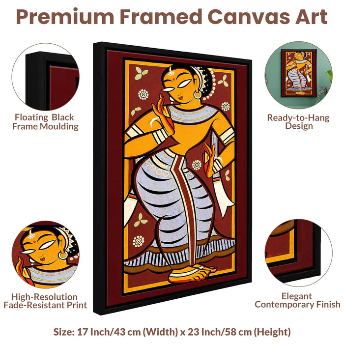 Indian Folk Religious Framed Canvas Painting for Living Room Wall Deocr, Krishna Mythology Dancing Gopi Framed Canvas Wall Art for Bedroom Home Hallways Office Hotel, Size 43x58 cm