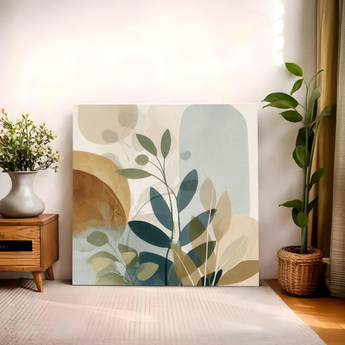 Abstract Botanical Stretched Canvas Wall Art Painting For Living room, Modern Boho Sage Green & Earth Tone Floral Print, Minimalist Nature for Living Room, Bedroom & Office Decor (56xx56 cm)