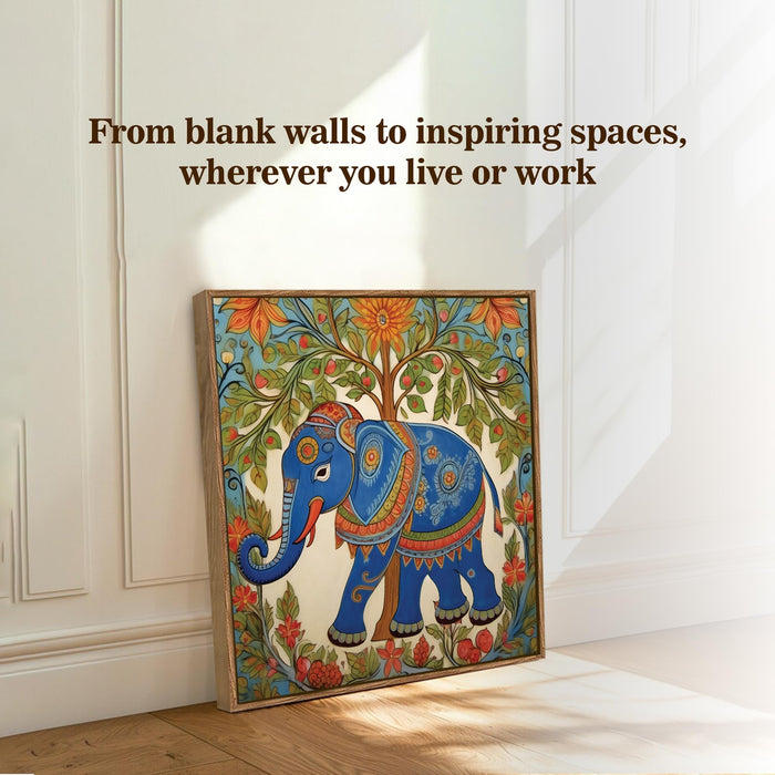 Madhubani Elephant Folk Framed Painting For Living Room | Mithila Botanical Large Canvas Painting With Frame Wall Art For Bedroom, Hallway's, Office, Hotel, Size 58x58 cm