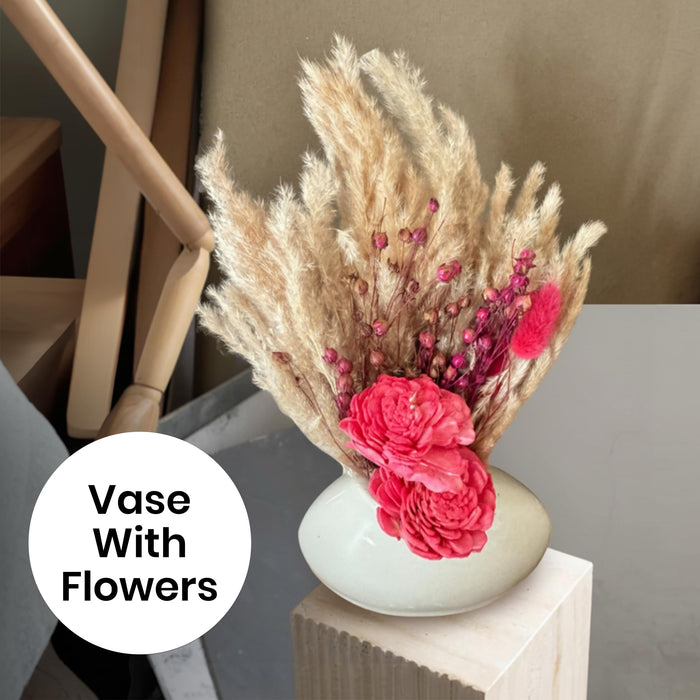 Art Sreet White Ceramic Decorative Vase with Pampas Grass & Red Wood Flowers | Minimalist Table Decor | Aesthetic Home Decoration for Living Room, Bedroom, Entryway | Dried Flower Arrangement Set