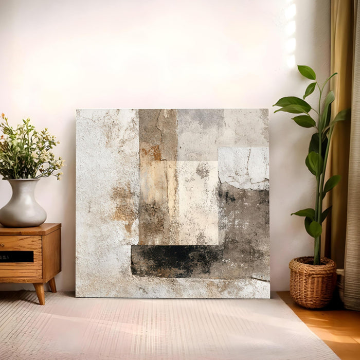 Modern Abstract Stretched Canvas Wall Art Painting For Living, Minimalist Neutral Earth Tone Painting, Geometric Artwork for Living Room, Office & Home Decor (56xx56 cm)