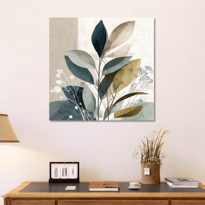 Abstract botanical foliage Stretched Canvas Wall Art Painting For Living Room, Modern Abstract Botanical Poster, Minimalist Overlapping Leaves in Earth Tones for Living Room & Office (56xx56 cm)