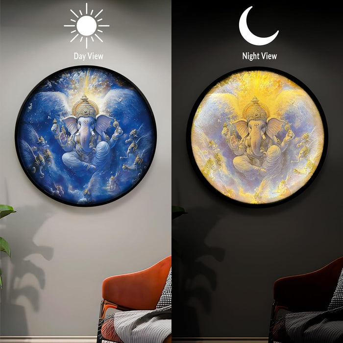 Shree Ganesh Ji Night Wall Lamp Painting with Premium Aluminium Metal Frame, Religious Round Wall Painting with Warm White Night Lamp (18x18 Inches)