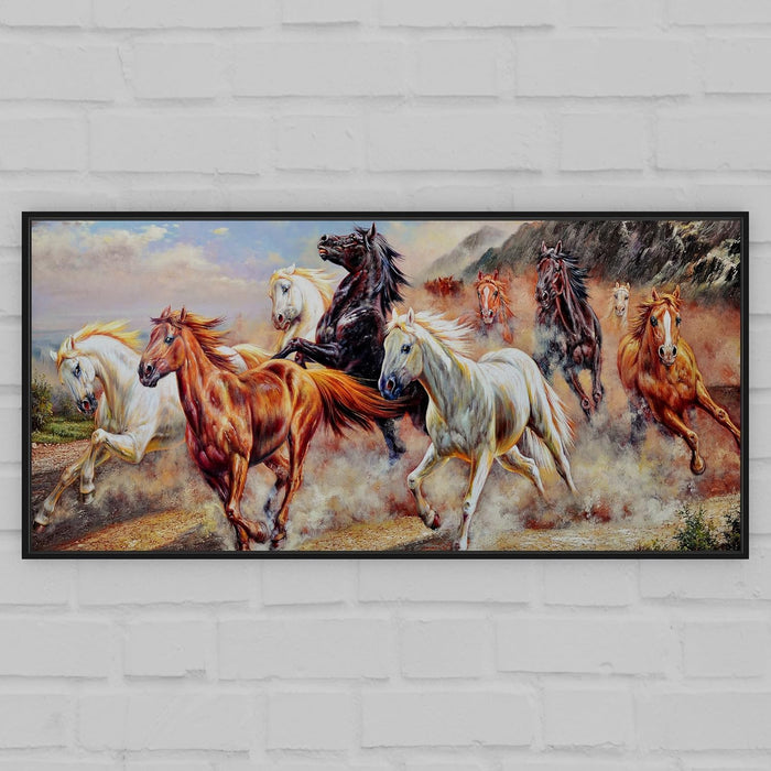 Art Street Abstract Nine Running Horse Large Canvas Painting Panel for Home Décor (Black, 23x47 Inch)