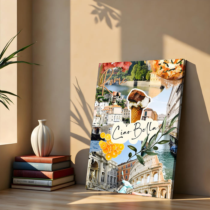 Rome Landmarks Collage Mixed Media Canvas Wall Painting | Travel pop art Canvas Wall Painting For Home and Office Wall Décor (41x56 cm)