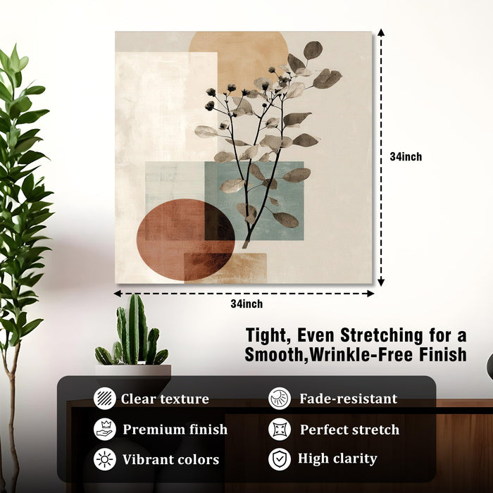Boho Botanical Stretched Canvas Painting For Living Room | Abstract Nature Wall Art Large Canvas Painting For Livingroom Home Decor, Bedroom, Hallway's, Office, Hotel - 86x86 cm