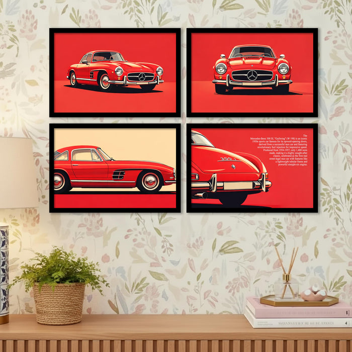 Mercedes 300 SL Gullwing Framed Wall Art Painting Set of 4 | Classic Luxury Car Illustration Prints for Living Room, Office & Studio Décor, 23x32 cm