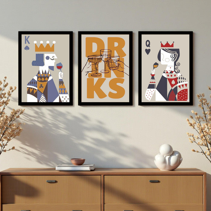 Poker King Queen Retro Graphic A3 Framed Poster for Living Room With Frame, “Drinks” Retro Framed Posters for Home Decor Bar Pub Lounge Dining area restaurant Hotel Set of 3, Size 33x45 cm