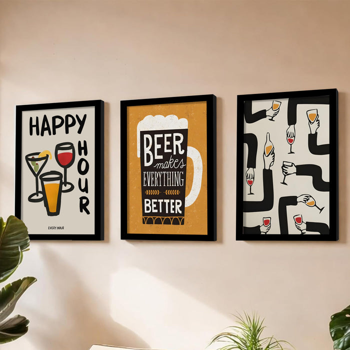 Bar and Beer Retro Graphic A3 Framed Poster for Living Room With Frame, “Happy Hour” Retro Framed Posters for Home Decor Bar Pub Lounge Dining area restaurant Hotel Set of 3, Size 33x45 cm