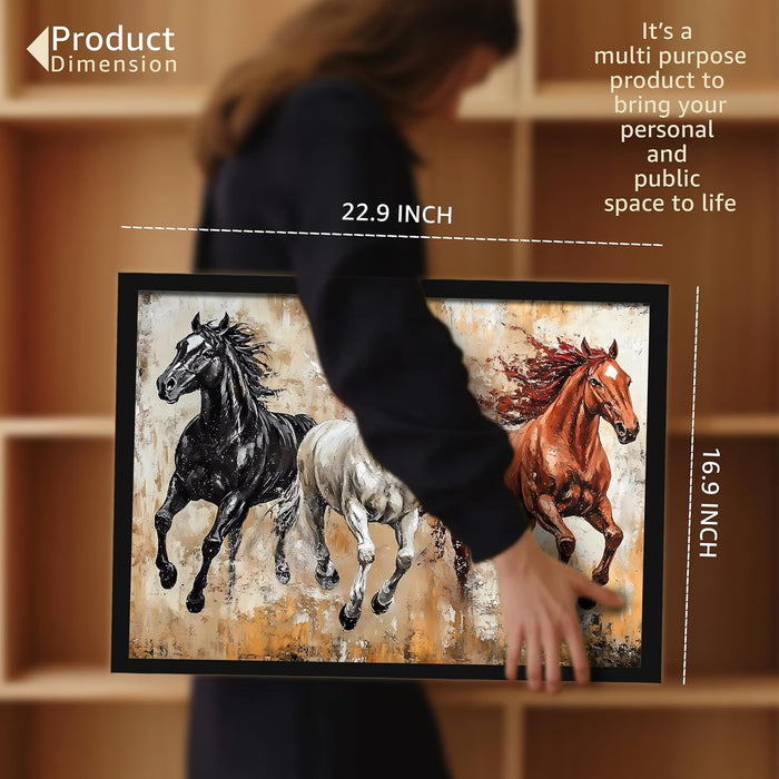 Abstract Wall Art Eight Running Horses Vastu Feng Shui Multicolor | Digital Painting Framed with Engineered Wood Frame (17x23 Inch)