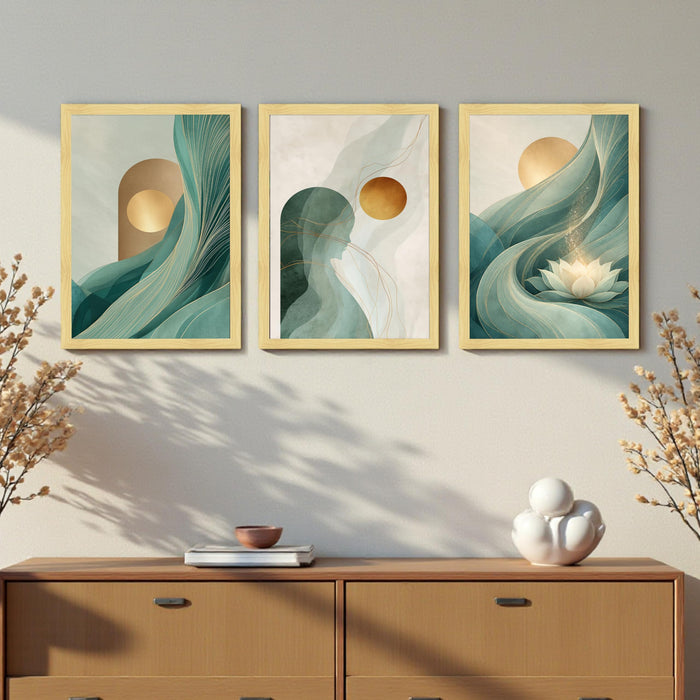 Modern Abstract Blooming Lotus A3 Framed Poster for Living Room With Frame, Luxury Abstract Geometric Moon Framed Vastu Posters for Home Decor Bedroom Hallways Office Hotel Set of 3, Size 33x45 cm