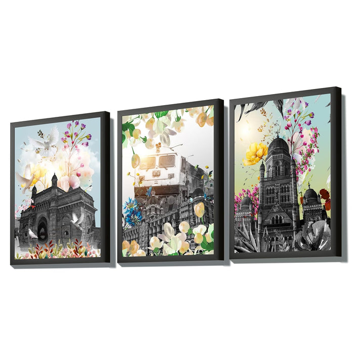 Art Street Embossed Laminated Framed Wall Art Prints Ancient Building Art For Décor Abstract Art (Set of 3, Size - 12.7x17.5 Inch)