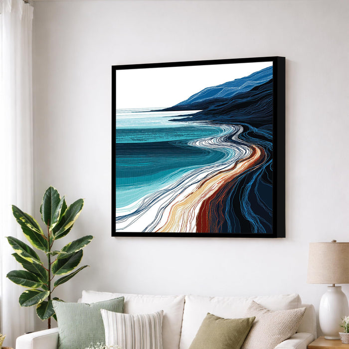 Abstract Ocean Coastline Framed Painting For Living Room | Modern Coastal Seascape Large Canvas Painting With Frame Wall Art For Bedroom, Hallway's, Office, Hotel, Size 58x58 cm