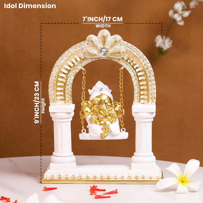Ganesh Ji Idol for Car Dashboard Home and Pooja Swinging Ganesha Murti Golden and White Ganesh Ji Idols for Gift Mandir Altars Resin Ganesha Statue for Car and Home Height - 23 cm